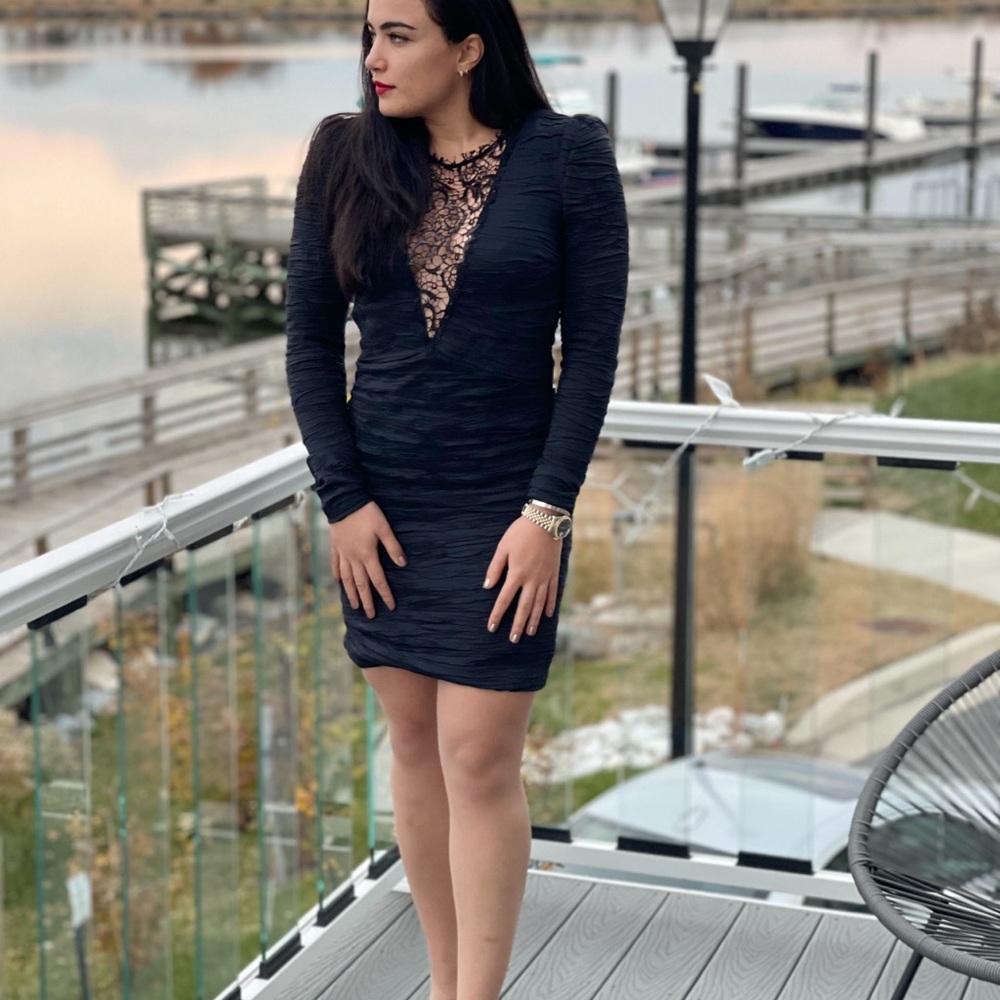 Free People Blue Bodycon Dress with Puff Sleeves and Plunge Neckline